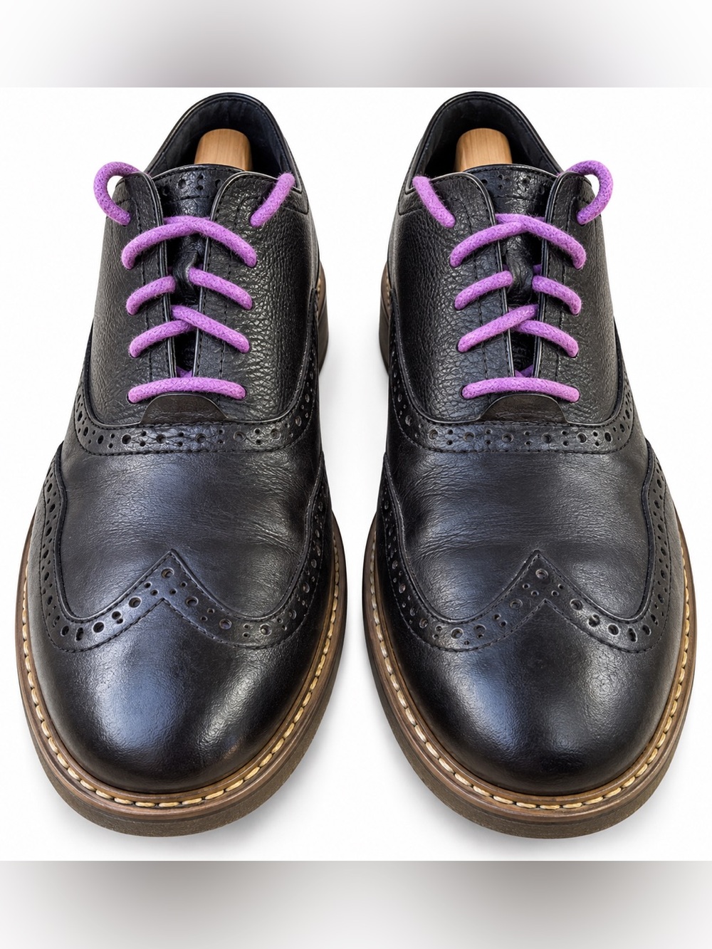 Cole Haan Great Jones Black Wingtip Oxfords with Lavender Laces